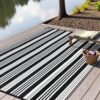 Outdoor Rug Waterproof for Patio Clearance Black and White Camping Rug 8x10 Plastic Straw Striped Floor Carpet for Backyard, Picnic, RV, Deck, Bench, Balcony