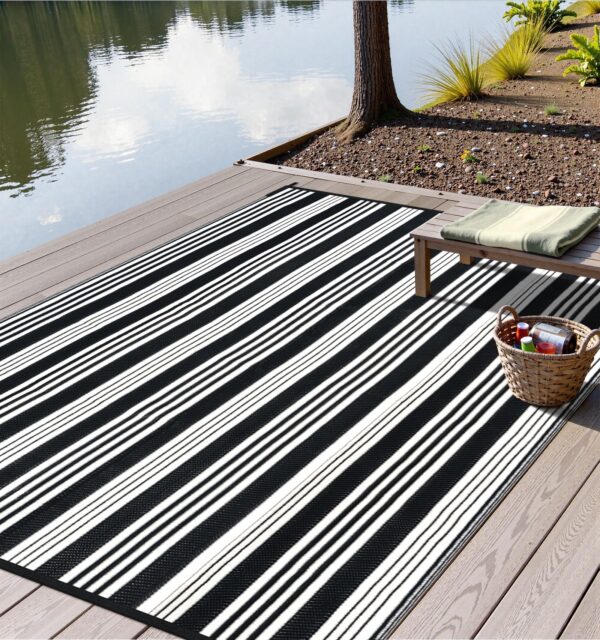 Outdoor Rug Waterproof for Patio Clearance Black and White Camping Rug 8x10 Plastic Straw Striped Floor Carpet for Backyard, Picnic, RV, Deck, Bench, Balcony