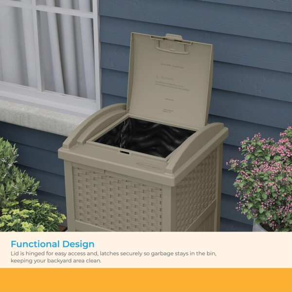 Suncast 33 Gallon Commercial Outdoor Trashcan Hideaway with Lid for 30 to 33 Gallon Trash Bags for Garage, Backyard, or Garden, Brown