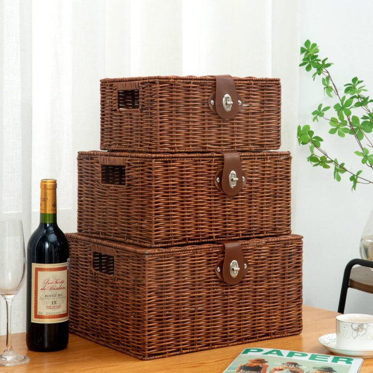 Set of 3 Woven Storage Basket Bin Wicker Hamper Stackable Box with Lid & Lock, Container Tote Cube Organizer for Nursery, Baby Toiletry, Diaper, Toys, Home Closet, Laundry, DVD, Book (Grey)