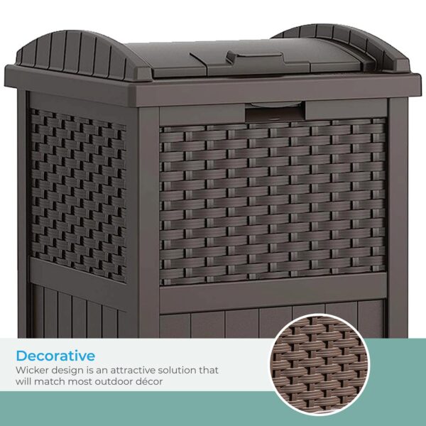 Suncast 33 Gallon Commercial Outdoor Trashcan Hideaway with Lid for 30 to 33 Gallon Trash Bags for Garage, Backyard, or Garden, Brown