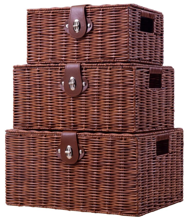 Set of 3 Woven Storage Basket Bin Wicker Hamper Stackable Box with Lid & Lock, Container Tote Cube Organizer for Nursery, Baby Toiletry, Diaper, Toys, Home Closet, Laundry, DVD, Book (Grey)