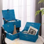 Set of 3 Woven Storage Basket Bin Wicker Hamper Stackable Box with Lid & Lock, Container Tote Cube Organizer for Nursery, Baby Toiletry, Diaper, Toys, Home Closet, Laundry, DVD, Book (Grey)