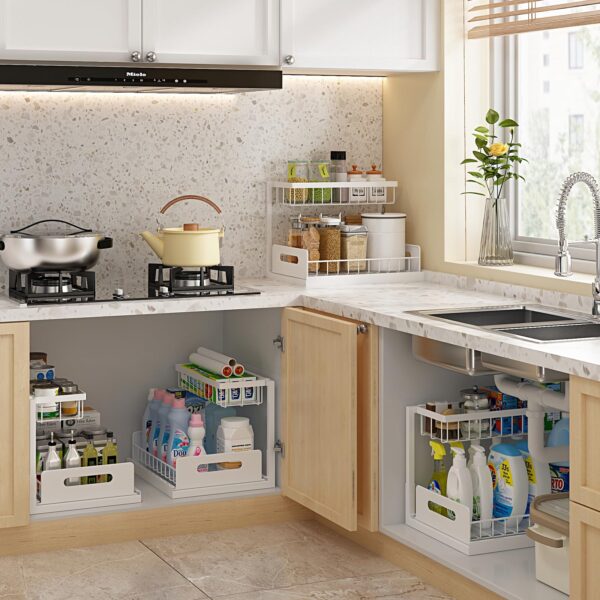 Under Sink Organizer, Pull Out Cabinet Organizer 2 Tier Slide Out Sink Shelf Cabinet Storage Shelves, Under Sink Storage for Kitchen Bathroom Cabinet, White, 1 Pack