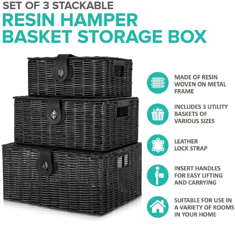 Set of 3 Woven Storage Basket Bin Wicker Hamper Stackable Box with Lid & Lock, Container Tote Cube Organizer for Nursery, Baby Toiletry, Diaper, Toys, Home Closet, Laundry, DVD, Book (Grey)