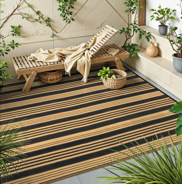Outdoor Rug Waterproof for Patio Clearance Black and White Camping Rug 8x10 Plastic Straw Striped Floor Carpet for Backyard, Picnic, RV, Deck, Bench, Balcony