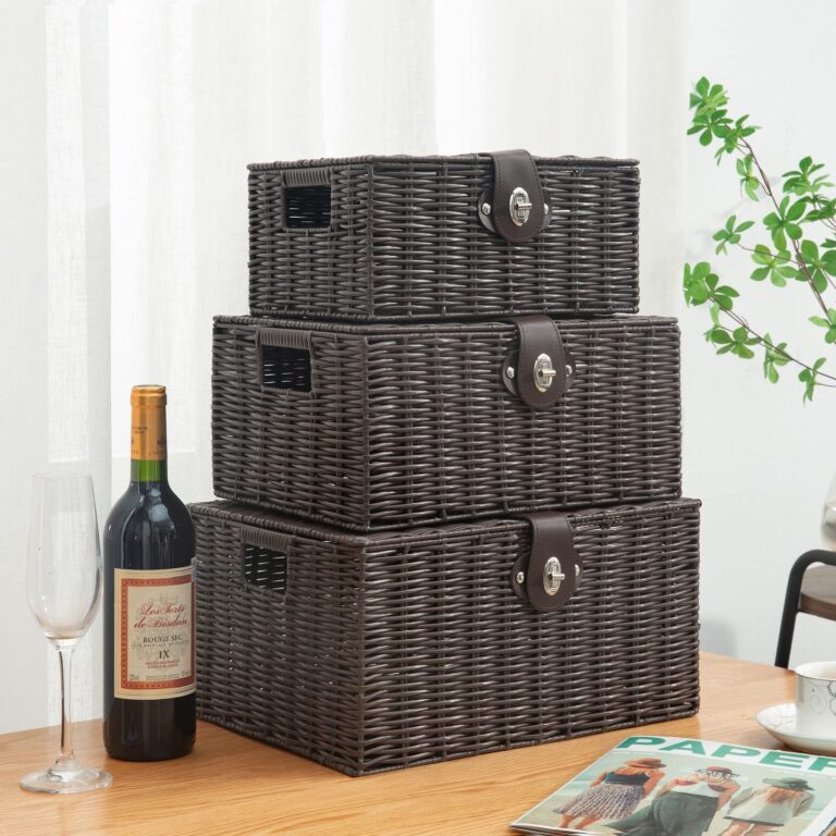 Set of 3 Woven Storage Basket Bin Wicker Hamper Stackable Box with Lid & Lock, Container Tote Cube Organizer for Nursery, Baby Toiletry, Diaper, Toys, Home Closet, Laundry, DVD, Book (Grey)