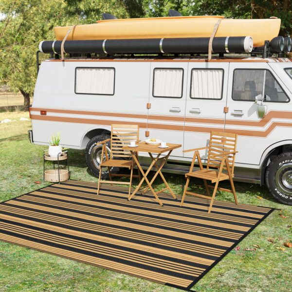 Outdoor Rug Waterproof for Patio Clearance Black and White Camping Rug 8x10 Plastic Straw Striped Floor Carpet for Backyard, Picnic, RV, Deck, Bench, Balcony