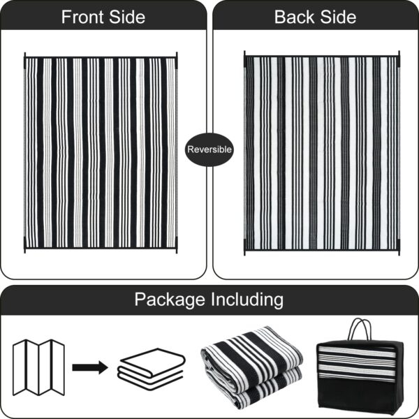Outdoor Rug Waterproof for Patio Clearance Black and White Camping Rug 8x10 Plastic Straw Striped Floor Carpet for Backyard, Picnic, RV, Deck, Bench, Balcony