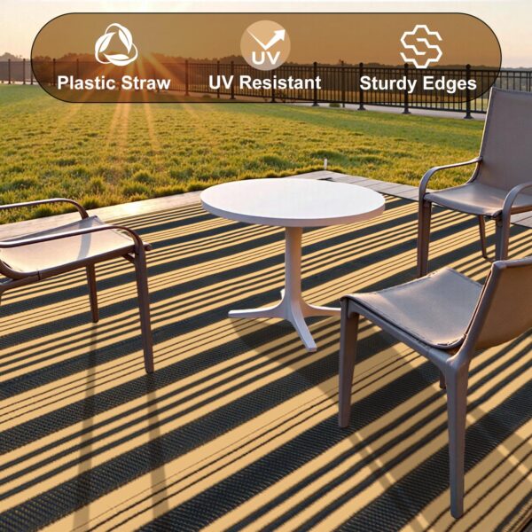 Outdoor Rug Waterproof for Patio Clearance Black and White Camping Rug 8x10 Plastic Straw Striped Floor Carpet for Backyard, Picnic, RV, Deck, Bench, Balcony