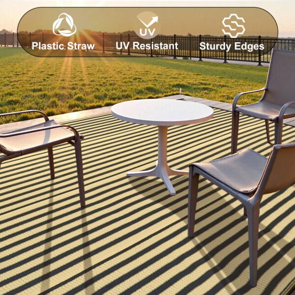 Outdoor Rug Waterproof for Patio Clearance Black and White Camping Rug 8x10 Plastic Straw Striped Floor Carpet for Backyard, Picnic, RV, Deck, Bench, Balcony