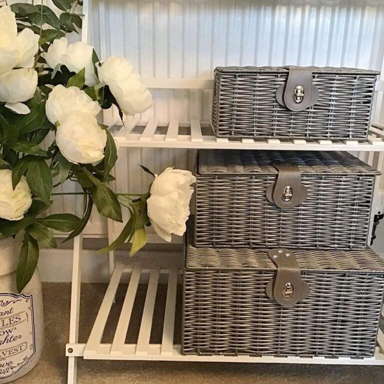 Set of 3 Woven Storage Basket Bin Wicker Hamper Stackable Box with Lid & Lock, Container Tote Cube Organizer for Nursery, Baby Toiletry, Diaper, Toys, Home Closet, Laundry, DVD, Book (Grey)