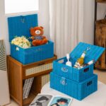 Set of 3 Woven Storage Basket Bin Wicker Hamper Stackable Box with Lid & Lock, Container Tote Cube Organizer for Nursery, Baby Toiletry, Diaper, Toys, Home Closet, Laundry, DVD, Book (Grey)