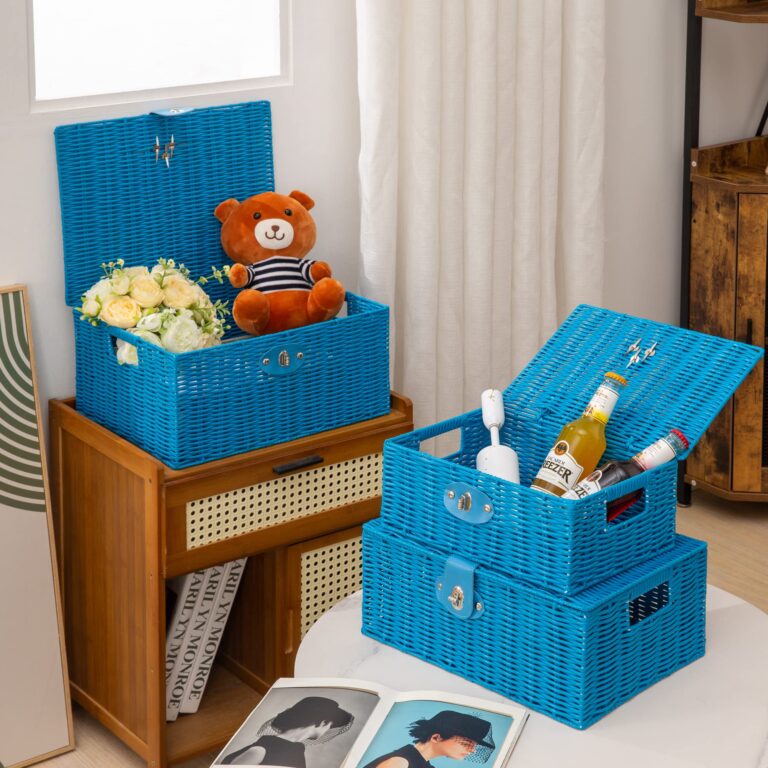 Set of 3 Woven Storage Basket Bin Wicker Hamper Stackable Box with Lid & Lock, Container Tote Cube Organizer for Nursery, Baby Toiletry, Diaper, Toys, Home Closet, Laundry, DVD, Book (Grey)