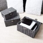Set of 3 Woven Storage Basket Bin Wicker Hamper Stackable Box with Lid & Lock, Container Tote Cube Organizer for Nursery, Baby Toiletry, Diaper, Toys, Home Closet, Laundry, DVD, Book (Grey)