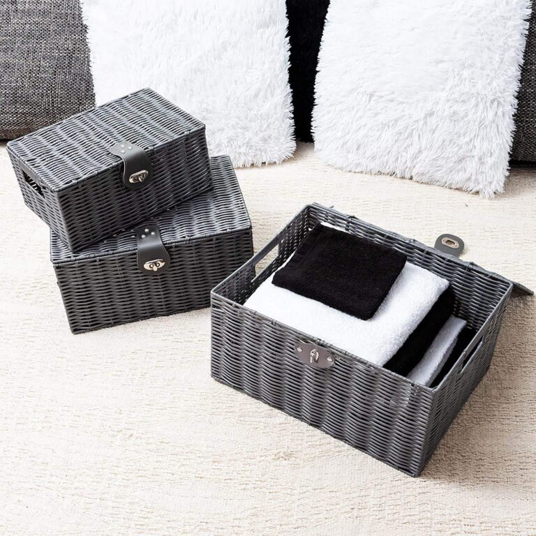 Set of 3 Woven Storage Basket Bin Wicker Hamper Stackable Box with Lid & Lock, Container Tote Cube Organizer for Nursery, Baby Toiletry, Diaper, Toys, Home Closet, Laundry, DVD, Book (Grey)
