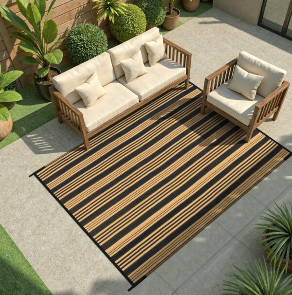 Outdoor Rug Waterproof for Patio Clearance Black and White Camping Rug 8x10 Plastic Straw Striped Floor Carpet for Backyard, Picnic, RV, Deck, Bench, Balcony