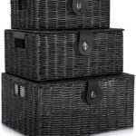 Set of 3 Woven Storage Basket Bin Wicker Hamper Stackable Box with Lid & Lock, Container Tote Cube Organizer for Nursery, Baby Toiletry, Diaper, Toys, Home Closet, Laundry, DVD, Book (Grey)