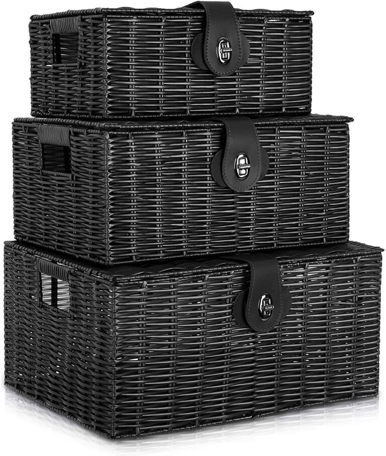 Set of 3 Woven Storage Basket Bin Wicker Hamper Stackable Box with Lid & Lock, Container Tote Cube Organizer for Nursery, Baby Toiletry, Diaper, Toys, Home Closet, Laundry, DVD, Book (Grey)