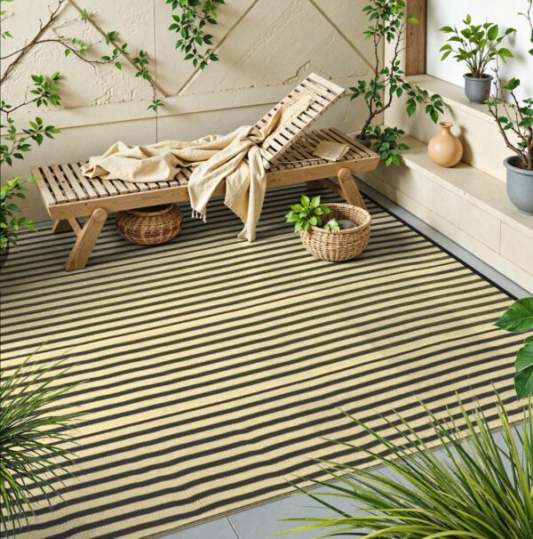 Outdoor Rug Waterproof for Patio Clearance Black and White Camping Rug 8x10 Plastic Straw Striped Floor Carpet for Backyard, Picnic, RV, Deck, Bench, Balcony