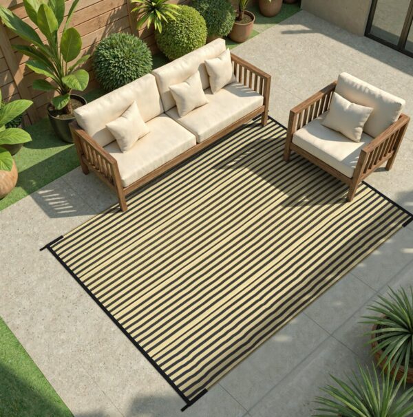 Outdoor Rug Waterproof for Patio Clearance Black and White Camping Rug 8x10 Plastic Straw Striped Floor Carpet for Backyard, Picnic, RV, Deck, Bench, Balcony