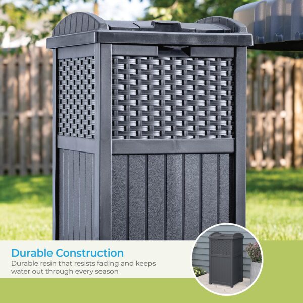 Suncast 33 Gallon Commercial Outdoor Trashcan Hideaway with Lid for 30 to 33 Gallon Trash Bags for Garage, Backyard, or Garden, Brown