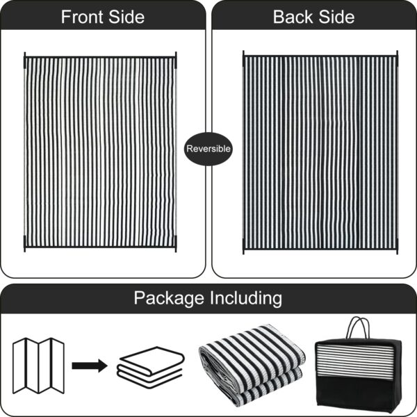 Outdoor Rug Waterproof for Patio Clearance Black and White Camping Rug 8x10 Plastic Straw Striped Floor Carpet for Backyard, Picnic, RV, Deck, Bench, Balcony