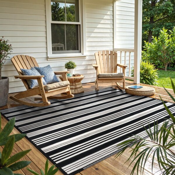 Outdoor Rug Waterproof for Patio Clearance Black and White Camping Rug 8x10 Plastic Straw Striped Floor Carpet for Backyard, Picnic, RV, Deck, Bench, Balcony