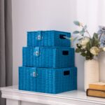 Set of 3 Woven Storage Basket Bin Wicker Hamper Stackable Box with Lid & Lock, Container Tote Cube Organizer for Nursery, Baby Toiletry, Diaper, Toys, Home Closet, Laundry, DVD, Book (Grey)