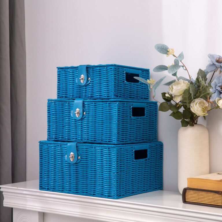 Set of 3 Woven Storage Basket Bin Wicker Hamper Stackable Box with Lid & Lock, Container Tote Cube Organizer for Nursery, Baby Toiletry, Diaper, Toys, Home Closet, Laundry, DVD, Book (Grey)