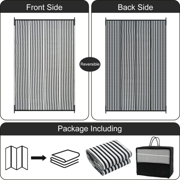 Outdoor Rug Waterproof for Patio Clearance Black and White Camping Rug 8x10 Plastic Straw Striped Floor Carpet for Backyard, Picnic, RV, Deck, Bench, Balcony