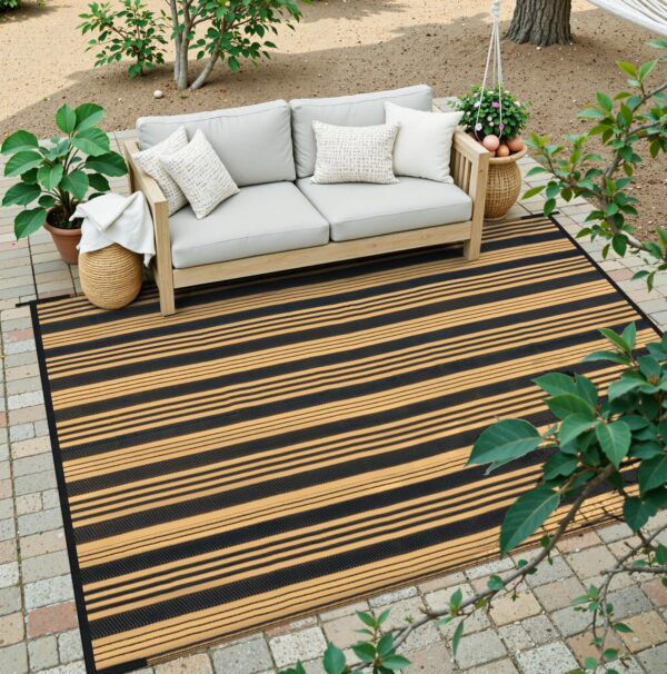 Outdoor Rug Waterproof for Patio Clearance Black and White Camping Rug 8x10 Plastic Straw Striped Floor Carpet for Backyard, Picnic, RV, Deck, Bench, Balcony
