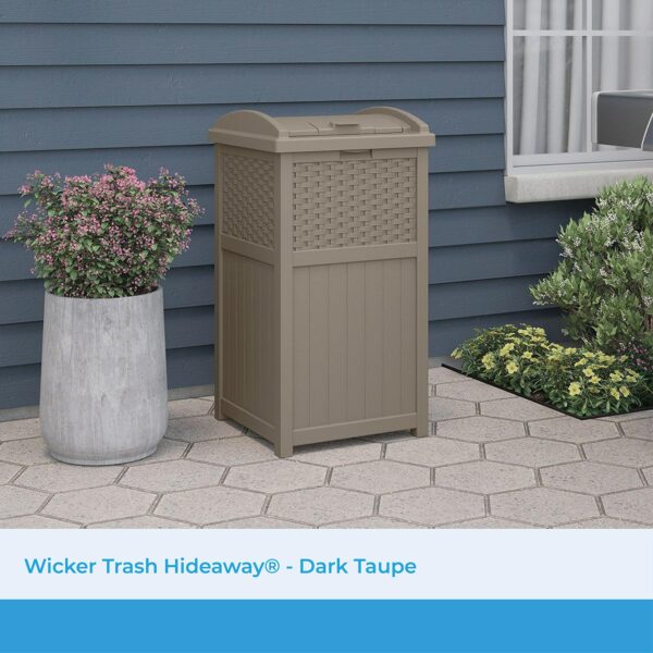 Suncast 33 Gallon Commercial Outdoor Trashcan Hideaway with Lid for 30 to 33 Gallon Trash Bags for Garage, Backyard, or Garden, Brown