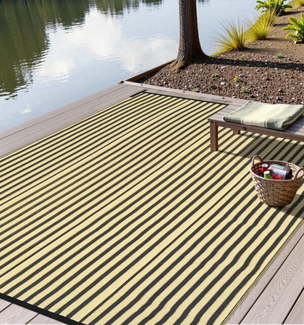 Outdoor Rug Waterproof for Patio Clearance Black and White Camping Rug 8x10 Plastic Straw Striped Floor Carpet for Backyard, Picnic, RV, Deck, Bench, Balcony