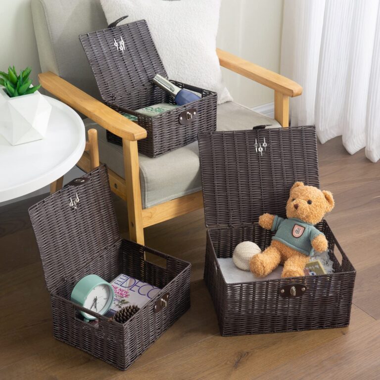 Set of 3 Woven Storage Basket Bin Wicker Hamper Stackable Box with Lid & Lock, Container Tote Cube Organizer for Nursery, Baby Toiletry, Diaper, Toys, Home Closet, Laundry, DVD, Book (Grey)