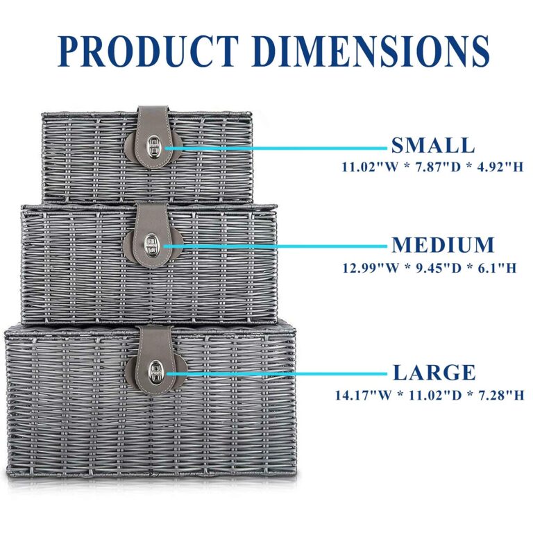 Set of 3 Woven Storage Basket Bin Wicker Hamper Stackable Box with Lid & Lock, Container Tote Cube Organizer for Nursery, Baby Toiletry, Diaper, Toys, Home Closet, Laundry, DVD, Book (Grey)