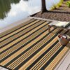 Outdoor Rug Waterproof for Patio Clearance Black and White Camping Rug 8x10 Plastic Straw Striped Floor Carpet for Backyard, Picnic, RV, Deck, Bench, Balcony