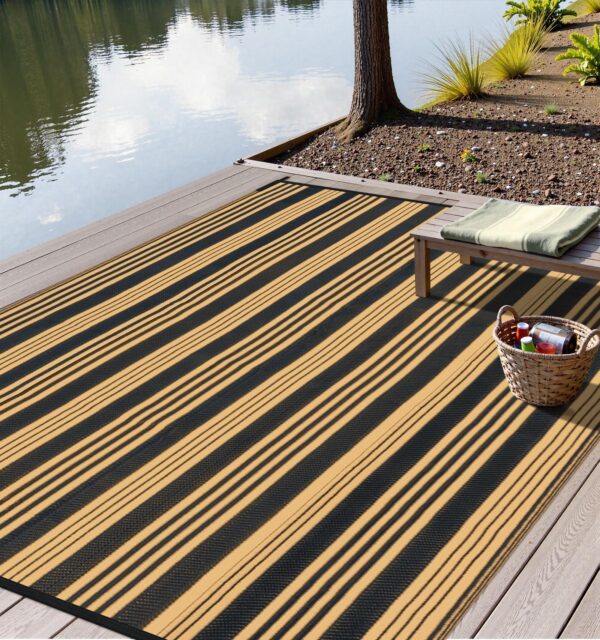 Outdoor Rug Waterproof for Patio Clearance Black and White Camping Rug 8x10 Plastic Straw Striped Floor Carpet for Backyard, Picnic, RV, Deck, Bench, Balcony