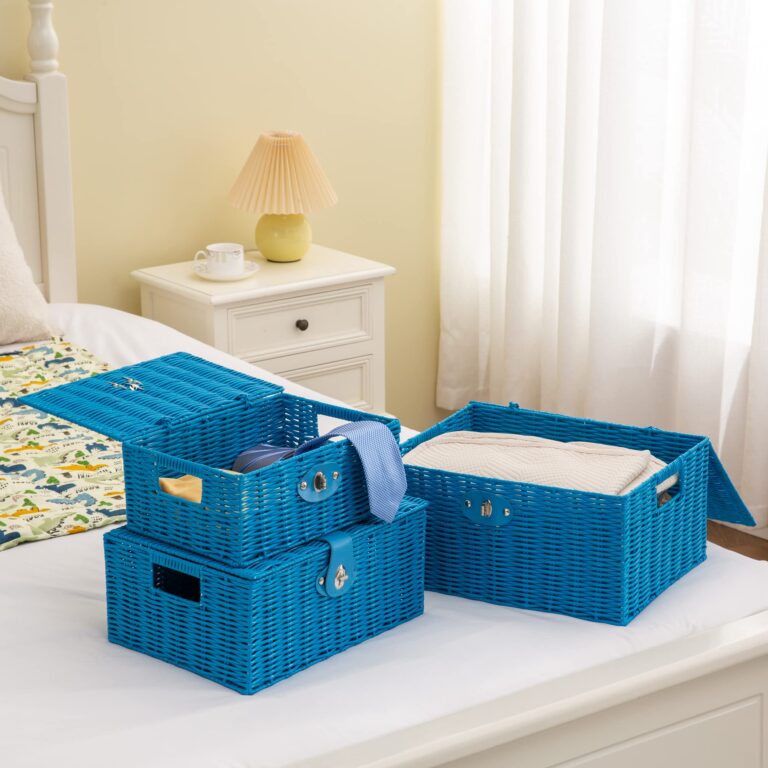 Set of 3 Woven Storage Basket Bin Wicker Hamper Stackable Box with Lid & Lock, Container Tote Cube Organizer for Nursery, Baby Toiletry, Diaper, Toys, Home Closet, Laundry, DVD, Book (Grey)