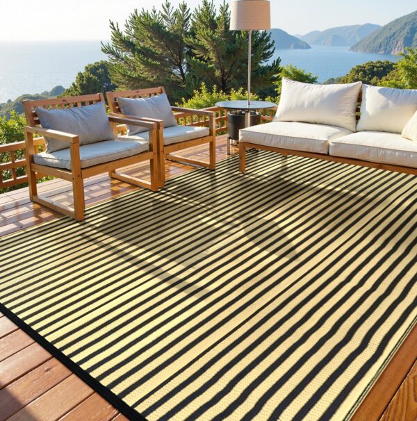 Outdoor Rug Waterproof for Patio Clearance Black and White Camping Rug 8x10 Plastic Straw Striped Floor Carpet for Backyard, Picnic, RV, Deck, Bench, Balcony