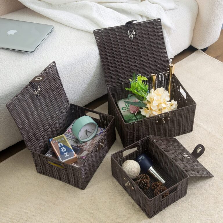 Set of 3 Woven Storage Basket Bin Wicker Hamper Stackable Box with Lid & Lock, Container Tote Cube Organizer for Nursery, Baby Toiletry, Diaper, Toys, Home Closet, Laundry, DVD, Book (Grey)