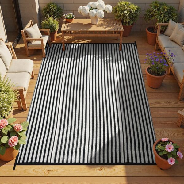 Outdoor Rug Waterproof for Patio Clearance Black and White Camping Rug 8x10 Plastic Straw Striped Floor Carpet for Backyard, Picnic, RV, Deck, Bench, Balcony