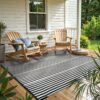 Outdoor Rug Waterproof for Patio Clearance Black and White Camping Rug 8x10 Plastic Straw Striped Floor Carpet for Backyard, Picnic, RV, Deck, Bench, Balcony