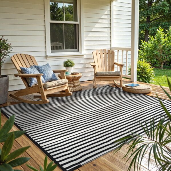 Outdoor Rug Waterproof for Patio Clearance Black and White Camping Rug 8x10 Plastic Straw Striped Floor Carpet for Backyard, Picnic, RV, Deck, Bench, Balcony