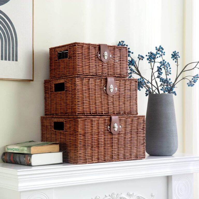 Set of 3 Woven Storage Basket Bin Wicker Hamper Stackable Box with Lid & Lock, Container Tote Cube Organizer for Nursery, Baby Toiletry, Diaper, Toys, Home Closet, Laundry, DVD, Book (Grey)