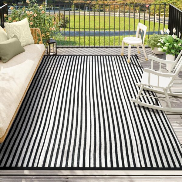 Outdoor Rug Waterproof for Patio Clearance Black and White Camping Rug 8x10 Plastic Straw Striped Floor Carpet for Backyard, Picnic, RV, Deck, Bench, Balcony