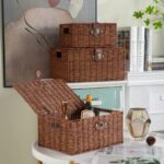 Set of 3 Woven Storage Basket Bin Wicker Hamper Stackable Box with Lid & Lock, Container Tote Cube Organizer for Nursery, Baby Toiletry, Diaper, Toys, Home Closet, Laundry, DVD, Book (Grey)