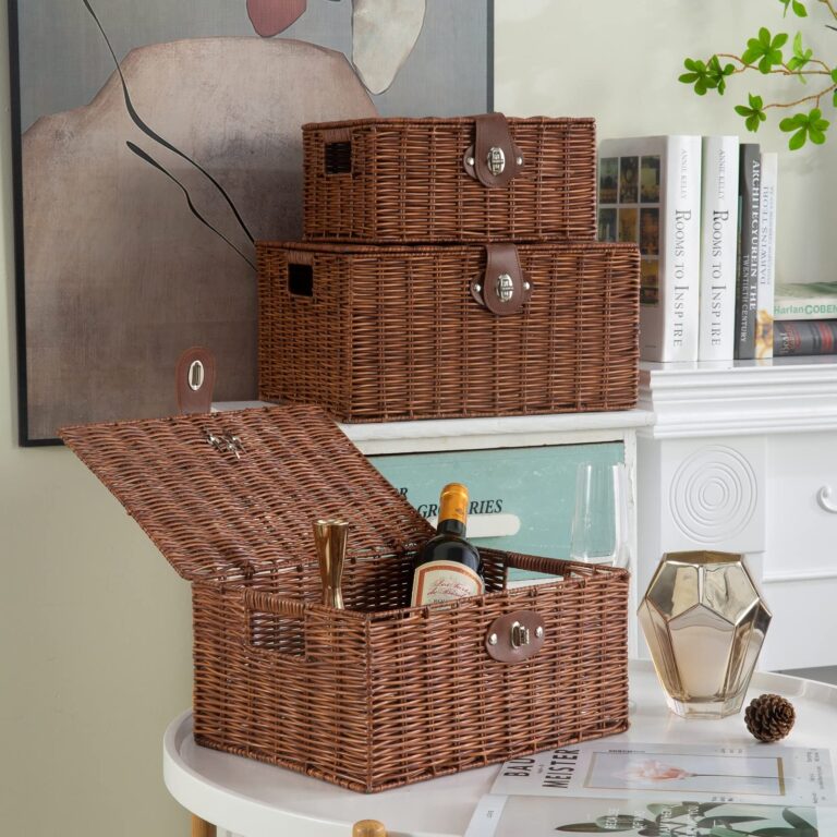 Set of 3 Woven Storage Basket Bin Wicker Hamper Stackable Box with Lid & Lock, Container Tote Cube Organizer for Nursery, Baby Toiletry, Diaper, Toys, Home Closet, Laundry, DVD, Book (Grey)