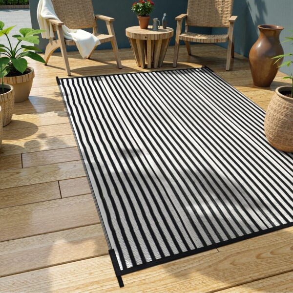 Outdoor Rug Waterproof for Patio Clearance Black and White Camping Rug 8x10 Plastic Straw Striped Floor Carpet for Backyard, Picnic, RV, Deck, Bench, Balcony