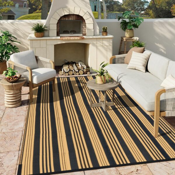 Outdoor Rug Waterproof for Patio Clearance Black and White Camping Rug 8x10 Plastic Straw Striped Floor Carpet for Backyard, Picnic, RV, Deck, Bench, Balcony